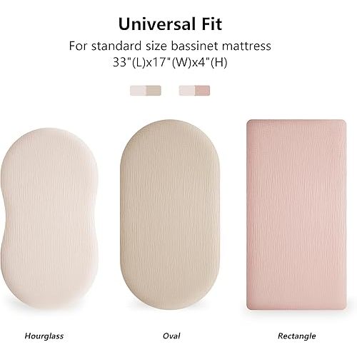 Muslin Bassinet Sheets for Babies – Soft & Breathable 100% Cotton Fitted Sheets for Oval, Rectangle, Hourglass Bassinet Mattress Pads, 2-Pack (Ivory & Pink)