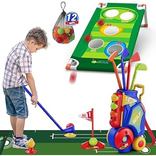 2 in 1 Toddler Golf Set, Upgraded Kids Golf Clubs with 12 Balls, Cornhole Board & Putting Mat, Shoulder Strap, Indoor Outdoor Sport Toys Gift for Boys Girls, Blue