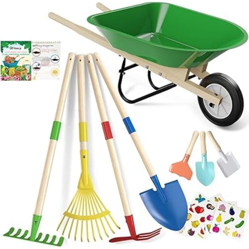 Kids Wheelbarrow Set with Gardening Tools Outdoor Backyard Garden Play for Toddlers Boys Girls 3-8, with Shovel, Rake, Leaf Rake, Easter Birthday Gifts (Green Garden Set)