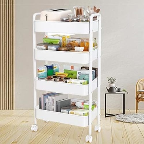 4 Tier Rolling Cart,Metal Utility Cart with Wheels,Detachable Rolling Storage Cart, Multifunctional Storage Organizer Trolley for Kitchen, Living Room, Office, Garage (White, 4 Tier)