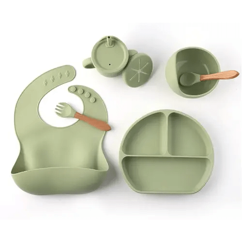 Make Mealtime Fun and Safe with Our 9-Piece Silicone Feeding Set - Includes Bib, Plate, Bowl, Cup, Lids, Straw, Fork & Spoon - BPA-Free and Ideal for Baby Led Weaning