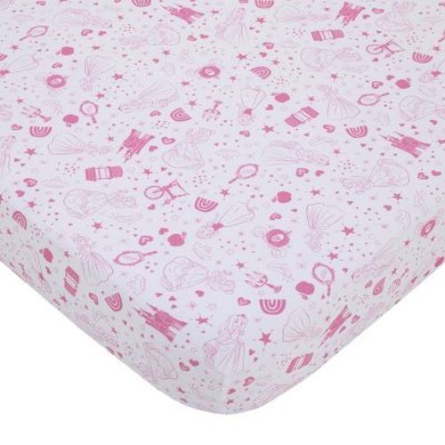 Nojo Disney Princess - Dare To Dream White And Pink Castle, Hearts And Stars Fitted Crib Sheet