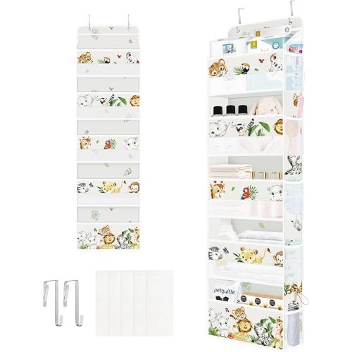 Clastyle Elephant Lion Kid Over The Door Organizer Storage Tropical Leaf 5 Shelves Closet Nursery Hanging Shelves Clothes Diaper Stuffed Animal Toy Storage for Newborn Baby Essential