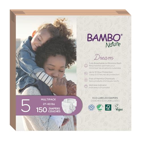 Bambo Nature Premium Eco-Friendly Baby Diapers, Size 5 (27-40 Lbs), 150 Count (6 Packs of 25)