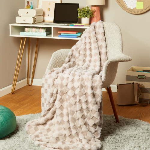Mainstays by Becky G. & Alejandra Neutral Checkered Faux Fur Throw, 50" X 60", Child, Tween, Teen & Adult