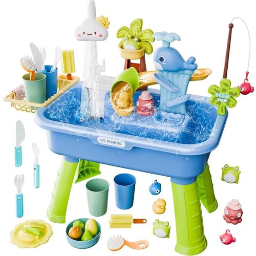 Toddler Water Table for 1-3 Year Old - Upgraded Electric Pump Water Toys, Outdoor Sensory Play Sand & Water Table, Kitchen Sink Toy with Running Water & Fishing Game, Summer Gifts for Boys Girls,blue