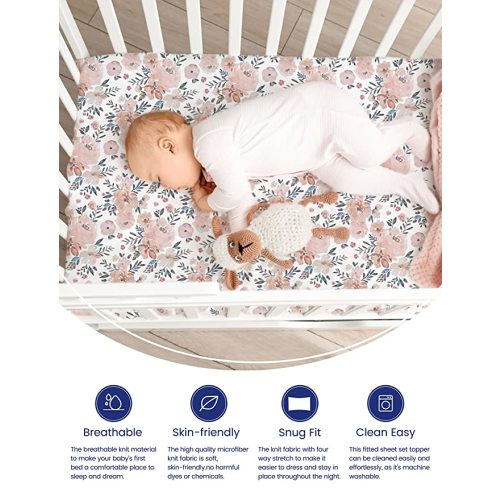 TotAha Premium Stretchy Crib Sheets (2-Pack)-Hypoallergenic, Silky Comfort, Buttery Soft, Calming Effect, All-Season Jersey-Knit Sheets, 9'' Extra Deep Pocket(Meredith Allover Floral & Pale Pink) - Meredith Allover Floral & Pale Pink Flowers