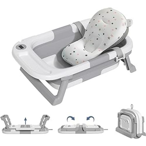 Foldable Baby Bath Tub,Newborn Baby Bath Tub with Soft Bath Mat and Real Time Water Temperature Display,Portable Travel Bathtub with Drain Hole toToddler 0-36 Months (Grey2)