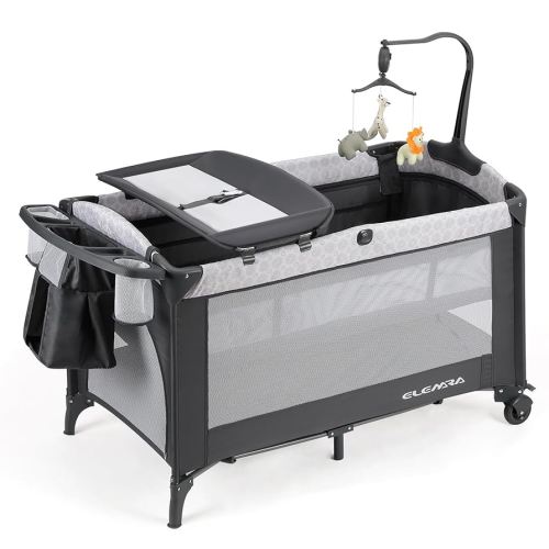 ELEMARA 50" Babies Bassinet Bedside Crib with Diaper Changer,Pack and Play with Mattress and Blackout Cover for Baby,4 in 1 Playpen Travel Bed with Storage,Playard with Adjustable Height