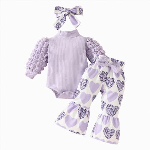 UAYOTSE Baby Girl Clothes Long Sleeve Romper 3Pcs Baby Girl Outfits Flare Pants Set with Headband Fall Baby Girl Winter Clothes(Light Purple&5,12-18 Months)