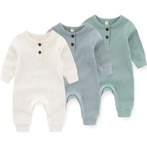 Newborn Baby Boys Girls One Piece Romper With Mitten Cuffs 3 Pack Long Sleeve Ribbed Button Jumpsuit Outfit Clothes