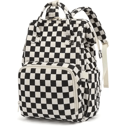 Baby Diaper Bag Backpack for Mom, Large Capacity Travel Nappy Bag for Boys & Girls with Stroller Straps (Corduroy Checkered Black)