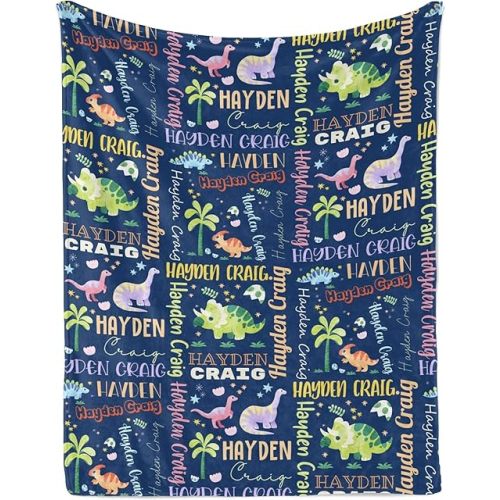 Personalized Baby Blanket, Dinosaur Baby Blanket with Name, Custom Gift for Toddler Newborn Boy Girl