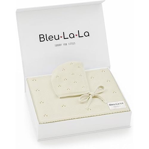 Organic Baby Blanket + Hat Gift Set - 100% Soft Luxury Cotton Unisex Receiving Swaddle Blanket + Bonnett Registry for Newborns & Infants (Butter Cream + Hat)