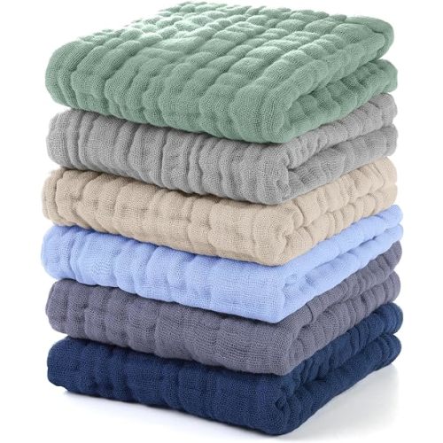 Muslin Baby Washcloths 6 Pack, 100% Cotton Burp Cloths Baby, Large 12''X12'' Baby Wash Cloths Absorbent and Soft for Newborn Infants Kids Boys Girls Multicolor