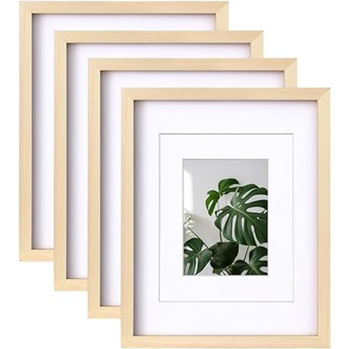 Egofine 11x14 Picture Frames Natural Wood Frames with Plexiglass, Display Pictures 5x7/8x10 with Mat or 11x14 Without Mat Set of 4 for Tabletop and Wall Mounting