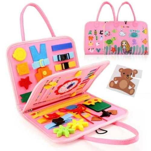 Busy Board Montessori Toy for Toddlers, Educational Activity Developing Sensory Board for Fine Basic Dress Motor Skills - Travel Toys for Plane Car, Gift for Boys Girls 1 2 3 4 Year Old
