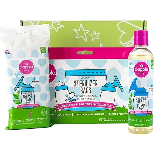 Dapple Breast Pump Cleaning Essentials Gift Set, Hypoallergenic & Powered by Plants, Removes Milk Residue, Leaves No Taste, 25ct Wipes, 8oz Soap 8ct Sterilizer Bags