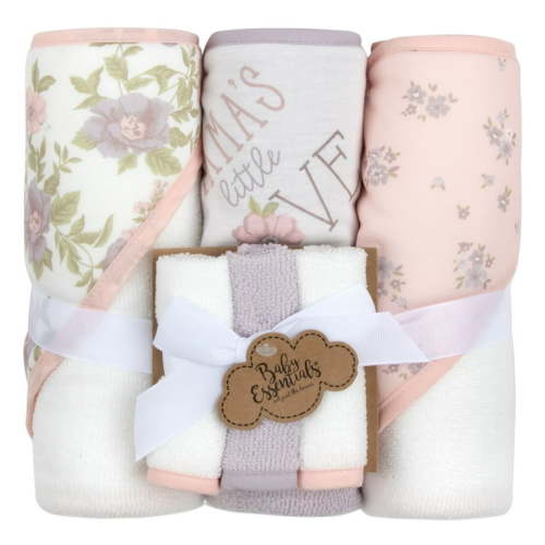 Baby Essentials 6 Piece Printed Hooded Bath Towel and Washcloth Set for Infant, Newborns and Toddlers 3 – 24 Months for Bath Time, Showers, Lounge, Beach and Pool in Mama's Little Love Print