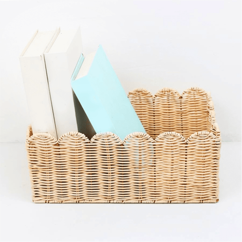 Growment Scalloped Edge Hand Woven Paper Storage Basket, Handles