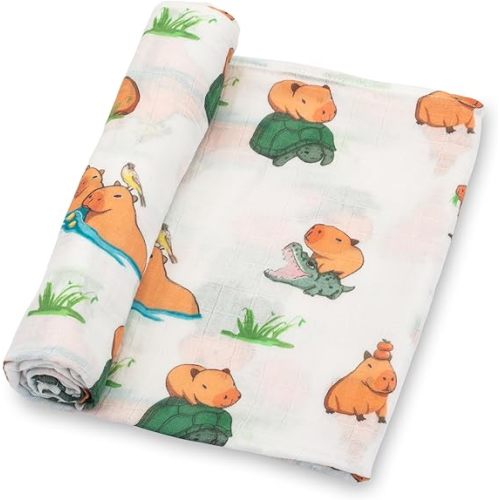 LollyBanks Swaddle Blanket, 100% Cotton Muslin Swaddle Blankets, Neutral Swaddle Blanket 47 x 47 Inches, Baby Blanket for Boys and Girls, Baby Essentials, Registry (Capybara Print)