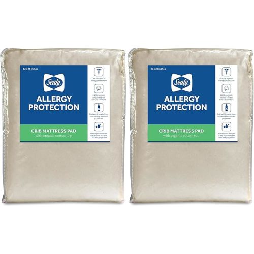 Sealy Organic Cotton Top Cooling Waterproof Fitted Toddler Bed and Baby Crib Mattress Pad Cover Protector, Noiseless, Machine Washable and Dryer Friendly, 52" x 28" - White (Pack of 2)