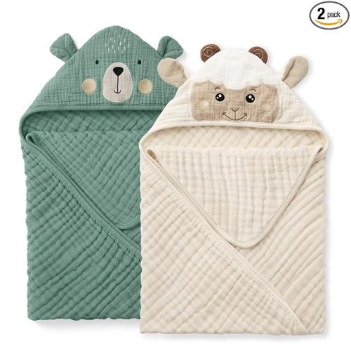 Blissful Diary Muslin Baby Hooded Towel 2 Pack, Soft & Absorbent Bath Towel for Infant, Toddler, Unisex, Baby Gift, Newborn Essentials, Bear & Lamb