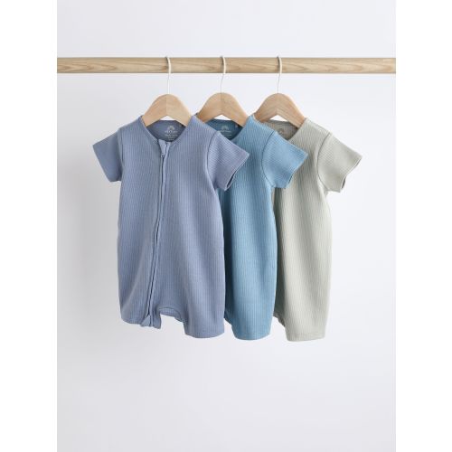Blue Baby Two Way Zip 100% Cotton Rompers 3 Pack (0-3yrs)