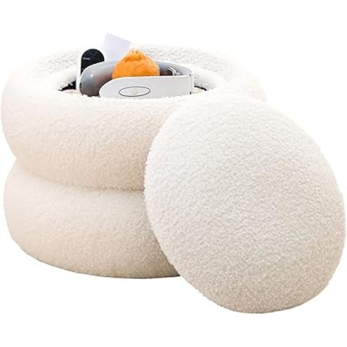 Mxfurhawa Storage Ottoman,Soft Teddy Velvet Upholstered Footrest,Mordern Round Footstool with Biscuits Shape,Side Tabble and Plant Stands for Living Room,Hallway,Bedroom (White)