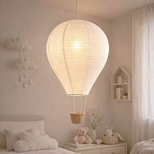 Hot Air Balloon Hanging Lampshade, Handmade Faux Linen Decorative Pendant Shade for Nursery, Kids Room & Bedroom Decor, Woven Basket Detail, Approx. 14" Dia x 22" H, Lampshade Only