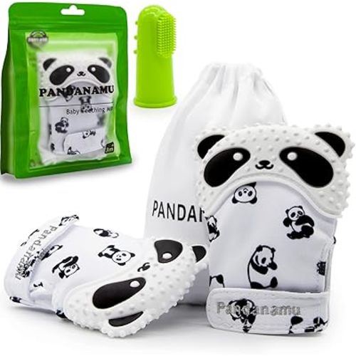 Baby Teething Mitten Panda Teether Mitten with Baby Toothbrush & Massager Teething Glove Mitt Infant Toy(2 Mittens with Toothbrush)