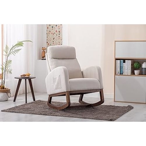 Rocking Chair Nursery, Glider Chair with High Back and Side Pocket, Solid Wood Frame Armchair with Non-Slip Padding for Nursery, Living Room, Bedroom(Beige)