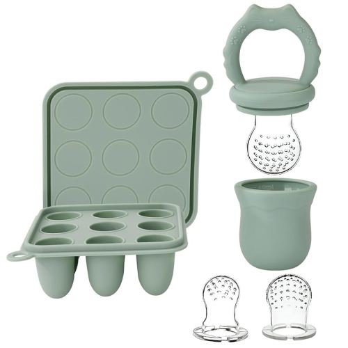 Socub Silicone Baby Fruit Food Feeder & Baby Food Freezer Tray Set, milk Popsicle Molds for Baby Teething Relief, Baby Food Pacifier Feeder for Self Feeding, Include 3 Sizes Food Pouch (Sage)