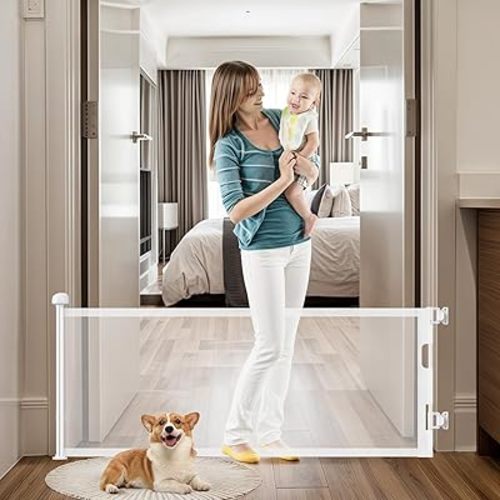 24" Tall Retractable Baby Gates to Step Over, Short Dog Gates Pet Gate for Puppies Small Dogs, 0-55" Wide Adjustable Mesh Baby Gate for Doorways and Stairs, Indoor/Outdoor Use