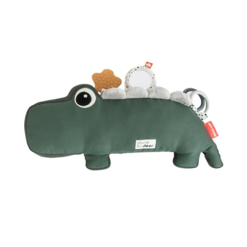Done by Deer Tummy Time Activity Toy Croco Green - Soft Pillow with Teether, Rings, Mirror, Tags, and Crinkle Sounds for Sensory Exploration & Neck/Back Strength