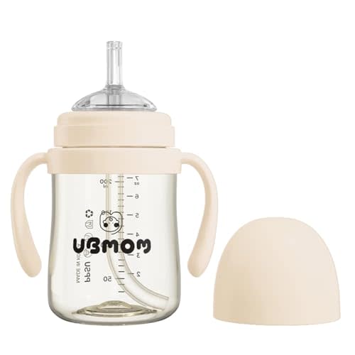 UBMOM Sippy Cup with Straw and Handle, Spillproof Baby and Toddler Cups with Replaceable Straw, BPA-Free PPSU Sippy Cups for Toddlers, 6.76oz (Beige)