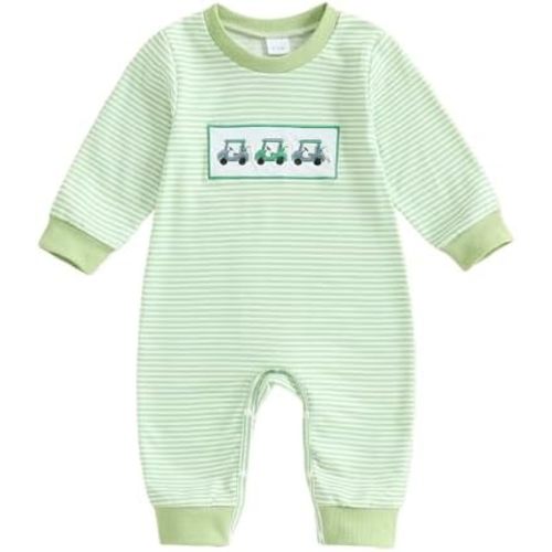 Newborn Baby Boy Girl Fall Winter Clothes Striped Golf Cart Embroidered Long Sleeve Golf Jumpsuit One Piece Outfit