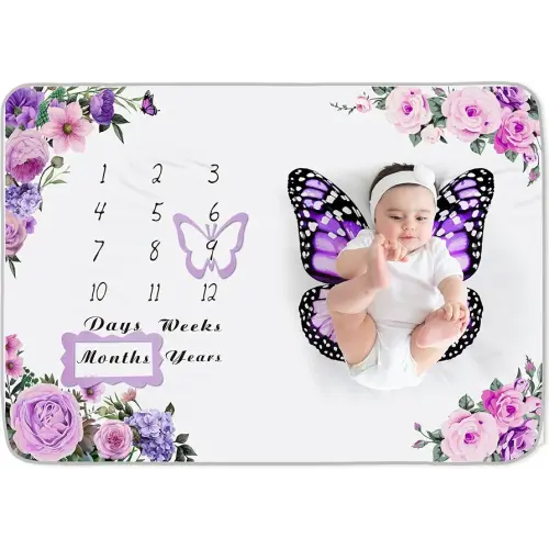 Chumia Baby Monthly Milestone Blanket for Baby Girl 59" x 39" Floral Butterfly Photo Prop Blanket Baby Age Milestone Blanket with 2 Felt Floral Wreath Frame
