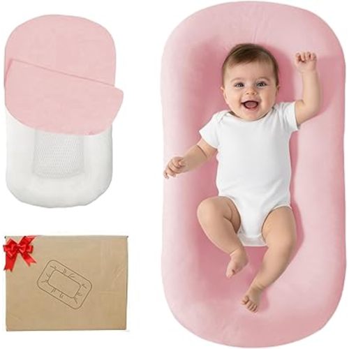 Lucakuins Baby Lounger, Bionic Design Baby Lounger for Newborn 0-24 Months, Soft Organic Cotton Breathable Lounger for Infants (Pink Newborn Lounger)