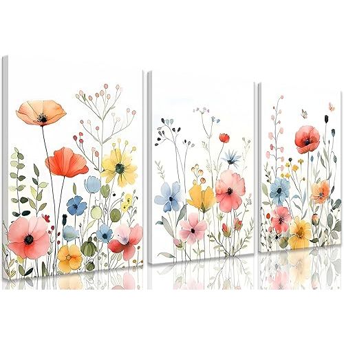 KISSFOX Framed Colorful Wildflower Canvas Wall Art Set Of 3 Flowers Pictures Prints Flowers Printing Floral Watercolors Flower wall Decor Living Room Girls Bedroom Bathroom