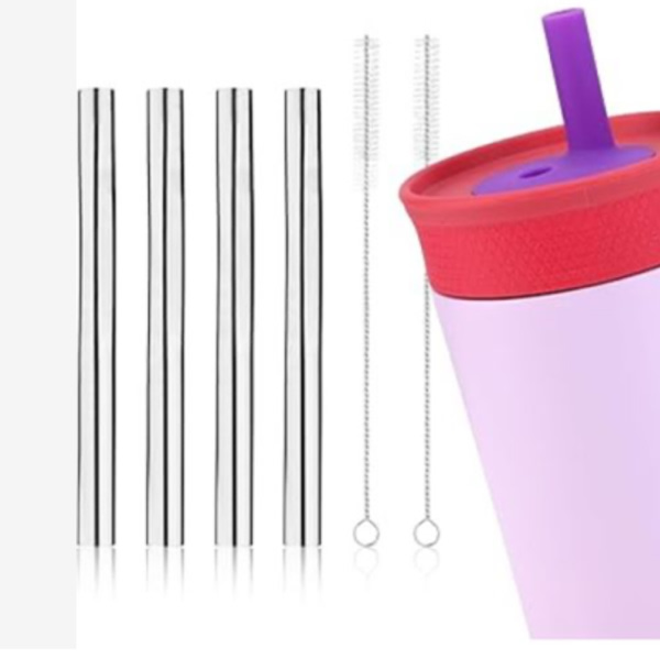 Gosknor 4pcs Metal Straw for Owala Kids 12 OZ Stainless Steel Tumbler, Reusable Stainless Steel Replacement Straws with 2pcs Cleaning Brushes Compatible with Owala 15 OZ Plastic Tumbler Water Bottle