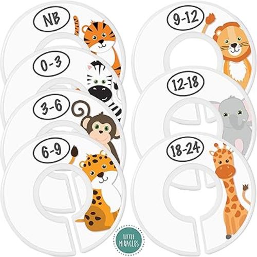 Baby Closet Size Dividers - 7X Safari Nursery Closet Dividers for Baby Clothes - Elephant Giraffe Zebra Lion Monkey Cheetah Nursery Decor - Baby Closet Dividers for Boy or Girl - [Safari] [White]