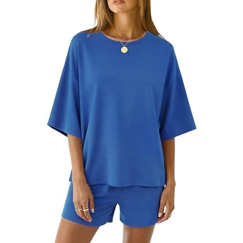 LOMON Two Piece Sets for Women Summer 3/4 Sleeve Tops and Elastic Waist Shorts Pajamas Cute Comfy Soft Lounge Striped Pjs