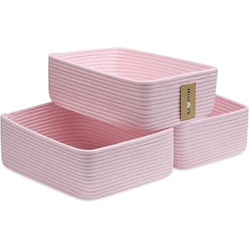 Large Shallow Organizing Baskets 15x11x5.1 Inches - Rope Woven Storage Bins for Bathroom, Shelves, Cube Closet, Light Pink 3 Packs
