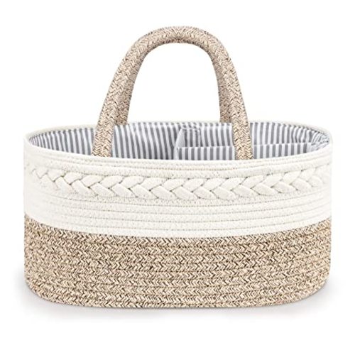 Maliton Baby Diaper Caddy Organizer, X-Large Cotton Rope, Rustic Style, Portable, 3 Compartments, A-Brown