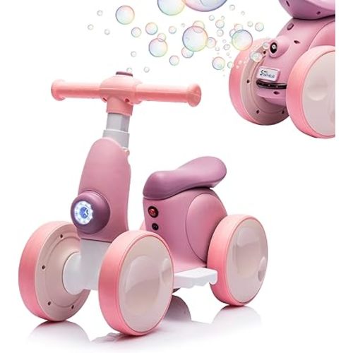6V Electric Baby Balance Bike with Bubble Machine,4 in 1 Toddler Balance Bike w/Remote for 1 Year Old Boys Girls Kids Bubble Bike Ride on Toys w/Powered Motor,Music,LED Lights (Purple)
