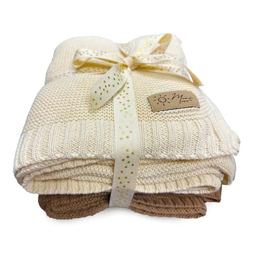 Mini Yoo Knitted Cotton Baby Blankets - for Extreme Comfort, Breathable Warmth, and Gentle Care for Newborns and Infants (2 Pack - Creme & Coffee)