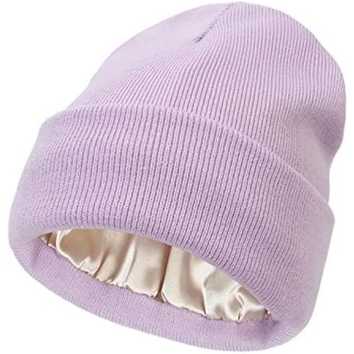 Baby Satin Lined Knit Beanie Hat Acrylic Winter Hats for Infant Toddler Silk Lining Soft Slouchy Warm Beanie Hat Girls Boys