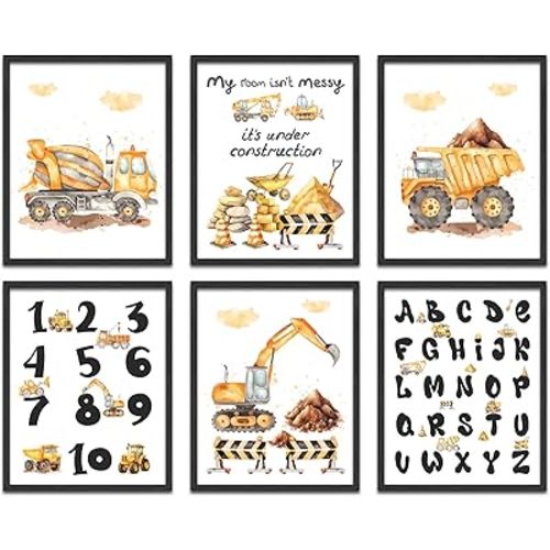 Construction Wall Art for Boys Room,Watercolor Construction Truck Wall Art Print,Cartoon Construction Car Canvas Print,Engineering Vehicle Tractor Crane Playroom Boy Bedroom Decor(8"x10"x6)