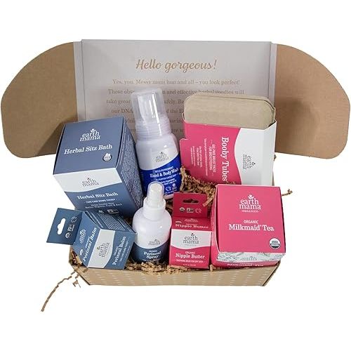 Earth Mama Postpartum Essentials Recovery Gift Set|Self Care Gifts for Mom, Nipple Butter, Perineal Spray & Balm, Sitz Bath, Wild Peppermint Hand & Body Wash, Milkmaid Tea, Booby Tubes (7-Piece Set)